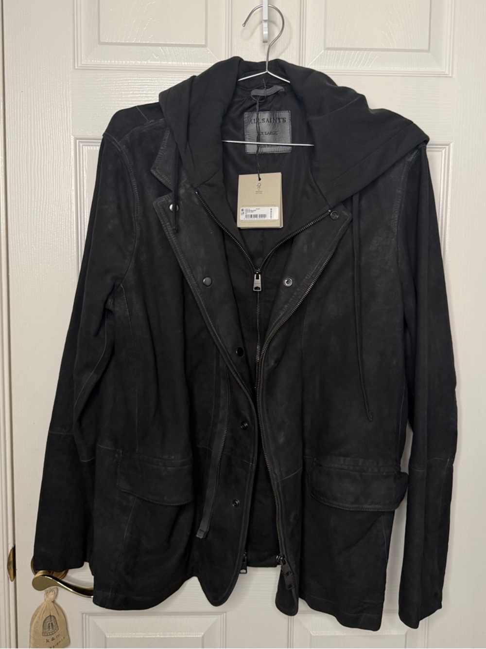 AllSaints Black Hooded Leather Zip Jacket